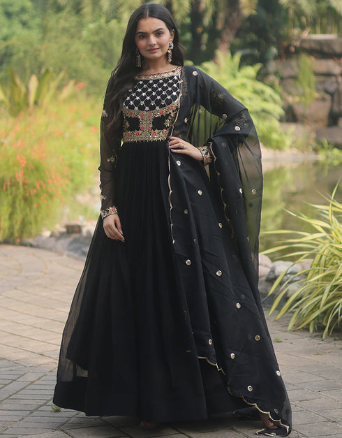 faux georgette trendy designer party wear readymade gown gown with designer jari,sequance embroidery work and purple dupatta 13563-acy3413 Front View